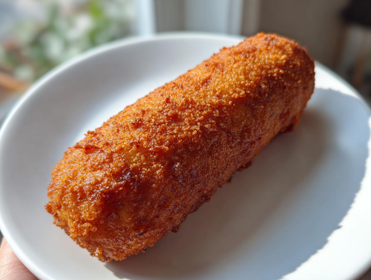 A single, perfectly golden-brown, crispy baked corn dog resting on a white plate.