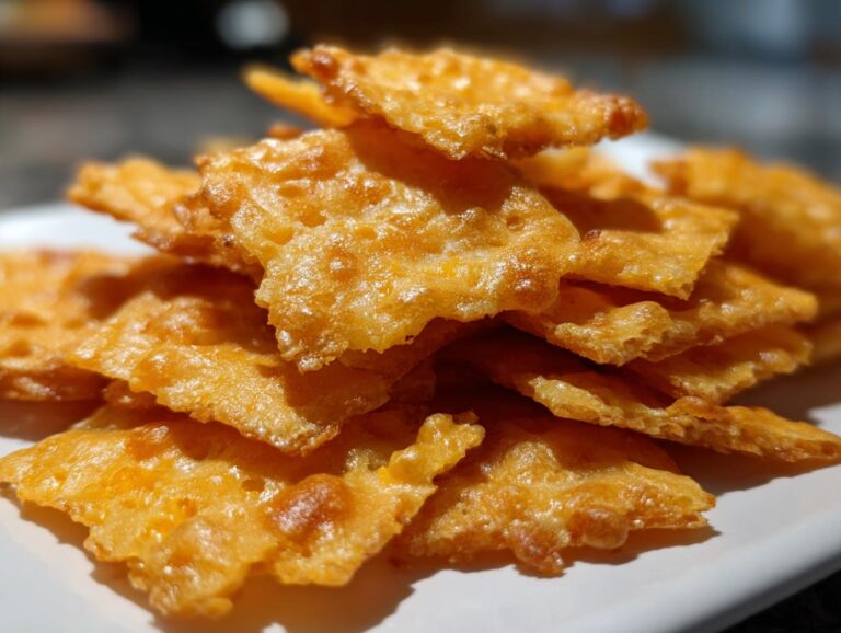 A close-up, appetizing stack of homemade, golden-brown, crispy cheese crackers on a white plate.