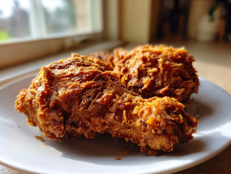 Two pieces of perfectly cooked, crispy fried chicken with a thick, textured golden-brown crust.