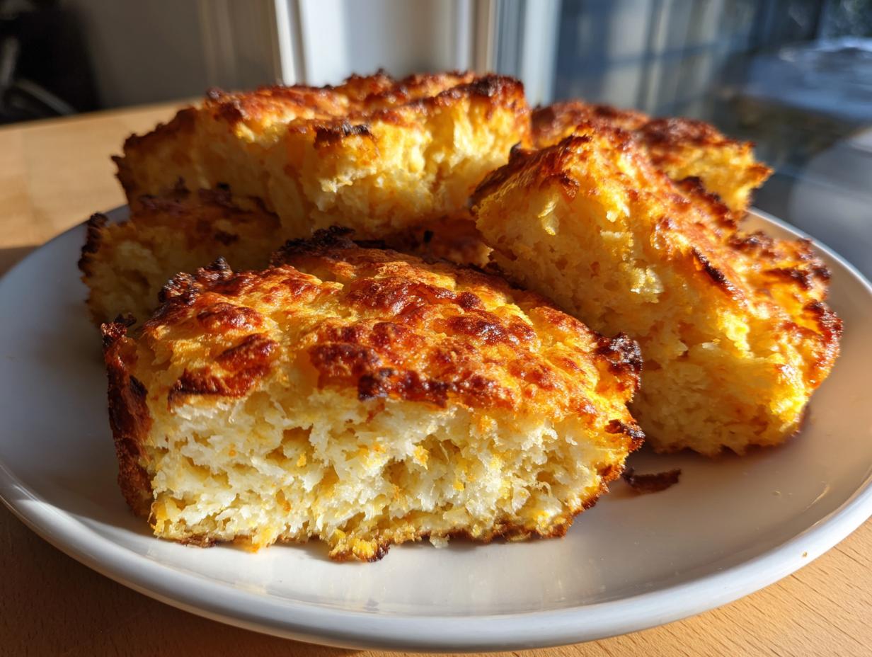 Four golden pieces of crispy fried cornbread with a textured, browned top, served on a white plate.