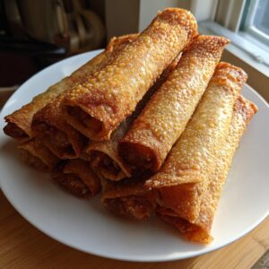A stack of perfectly golden brown, crispy fried egg roll appetizers piled high on a white plate.