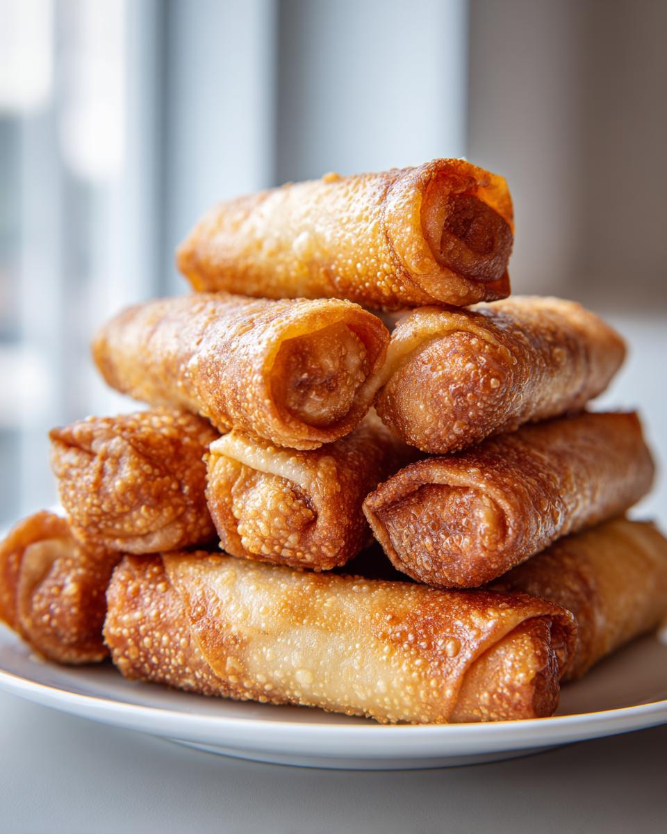 A tempting stack of perfectly golden brown, crispy fried egg rolls piled high on a white plate.