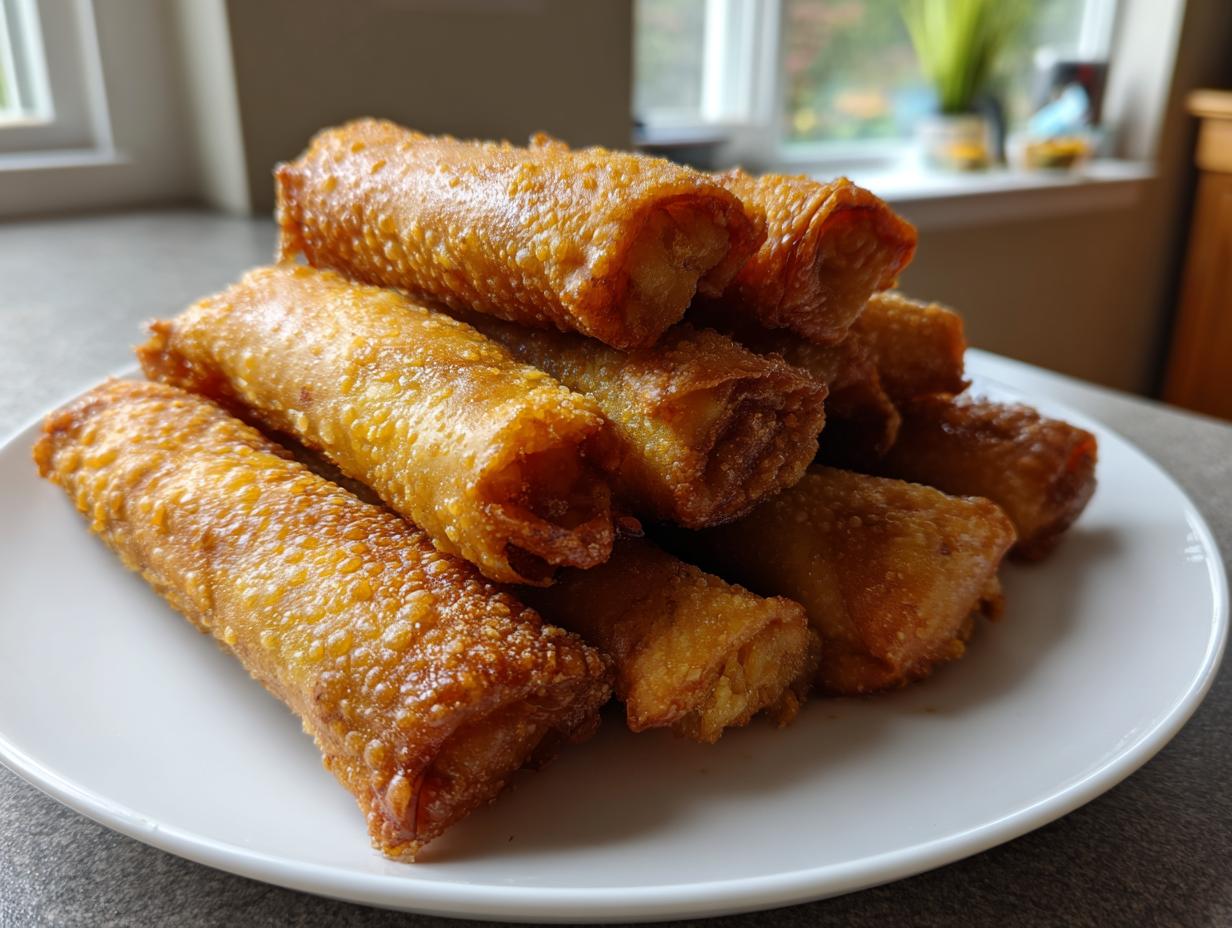 A stack of golden brown, crispy homemade egg roll appetizers piled high on a white plate.