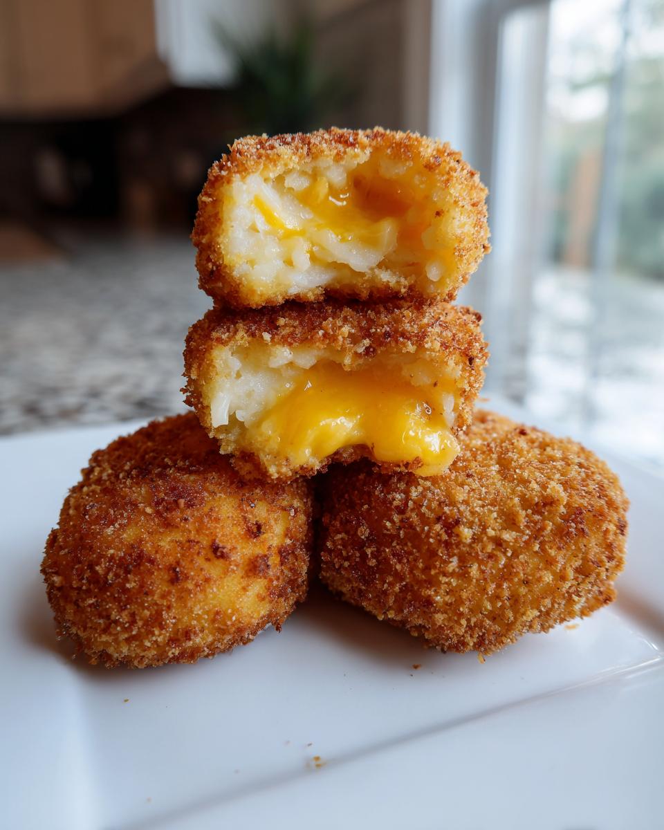 Three crispy, golden-brown potato croquettes stacked, with the top two cut open revealing a melted cheddar cheese center.