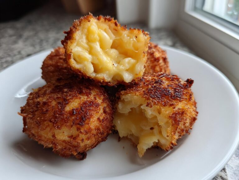 Close-up of crispy, golden-brown potato croquettes, one split open revealing a creamy, cheesy interior.