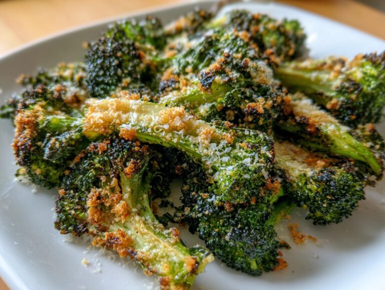 Close-up of perfectly roasted smashed broccoli florets topped with golden breadcrumbs and grated Parmesan cheese.