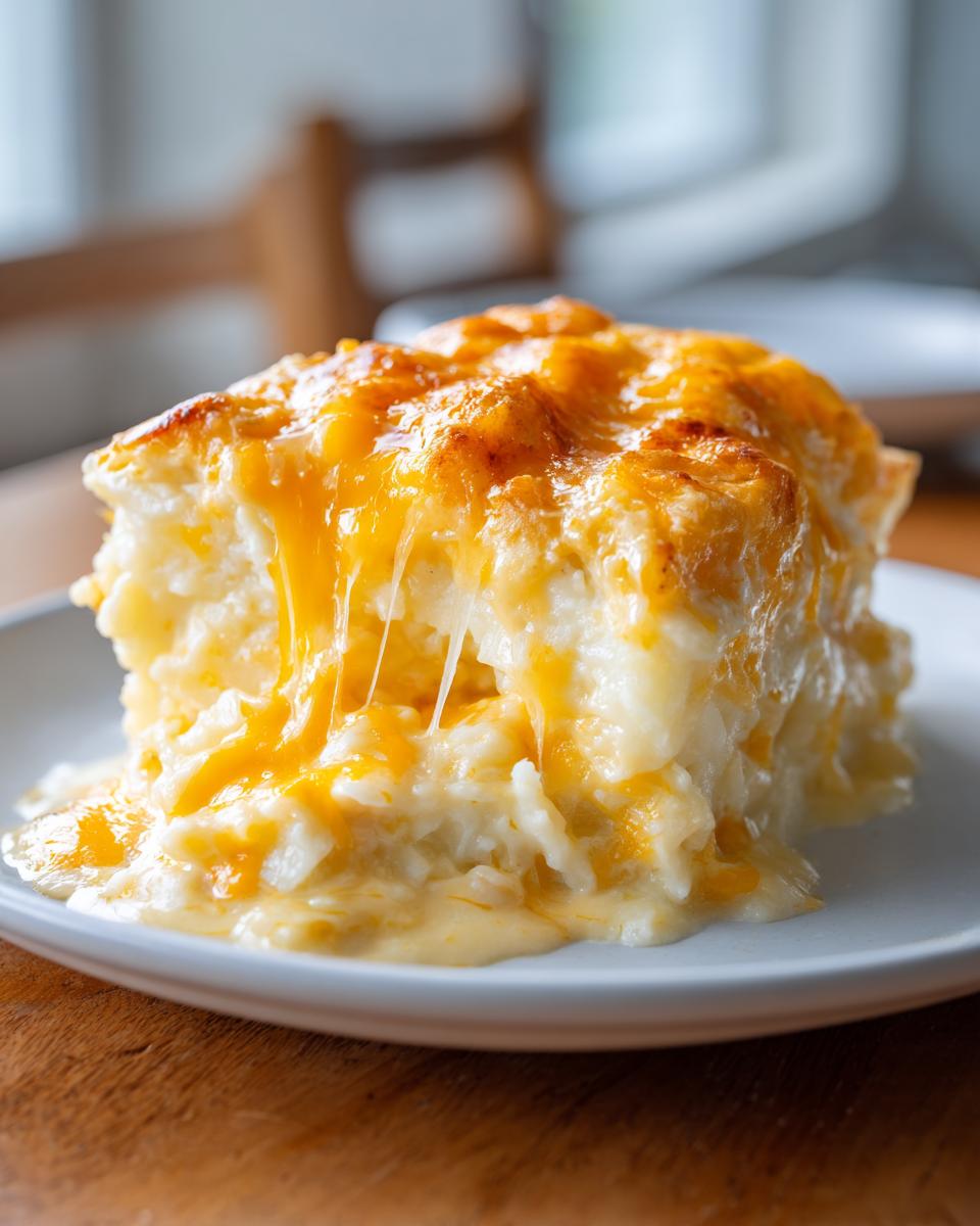 A close-up of a serving of crockpot cheesy potatoes, featuring shredded potatoes covered in gooey, melted cheddar cheese.