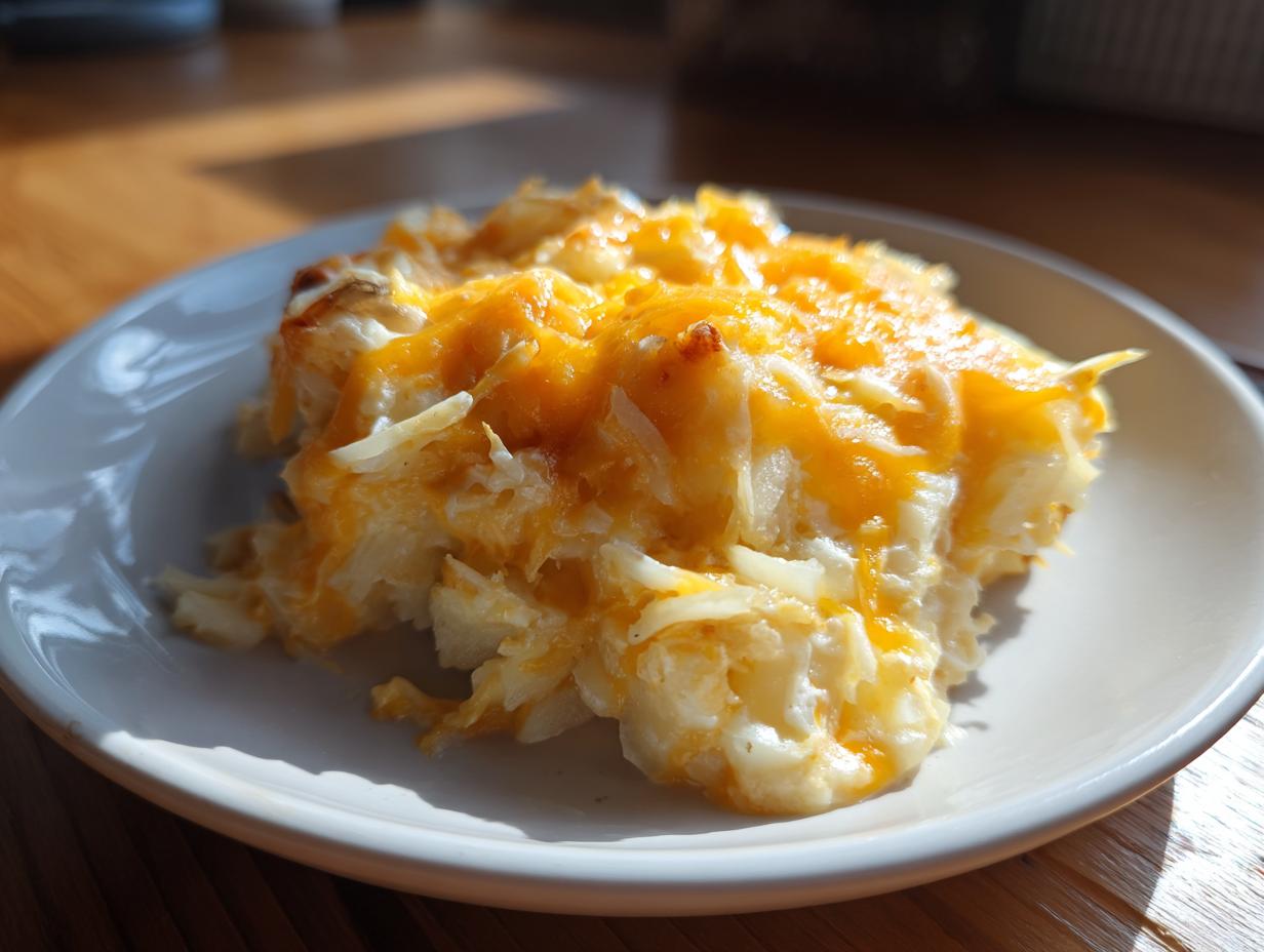 A serving of creamy crockpot cheesy potatoes topped with melted, golden cheddar cheese on a white plate.