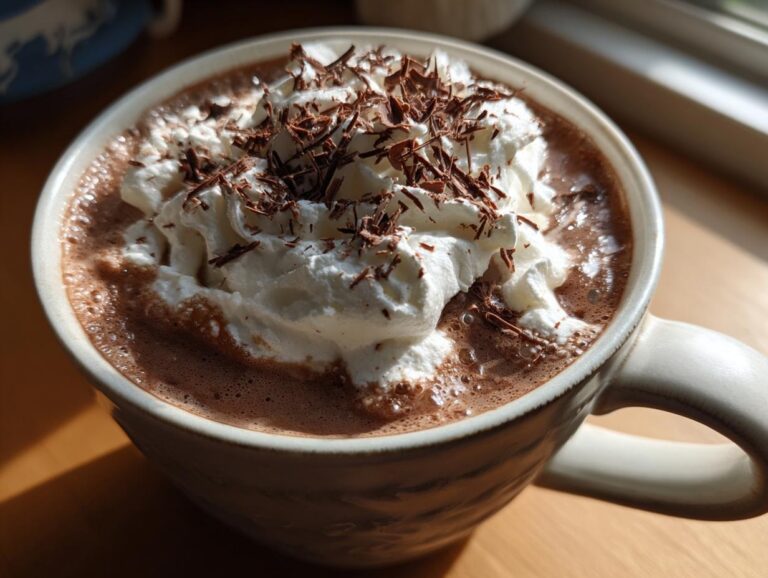 Close-up of a mug filled with rich crockpot hot chocolate topped with whipped cream and chocolate shavings.