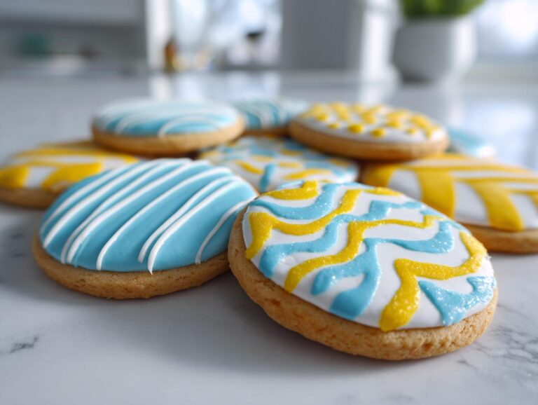 Close-up of sugar cookies decorated with bright blue and yellow cookie icing designs.