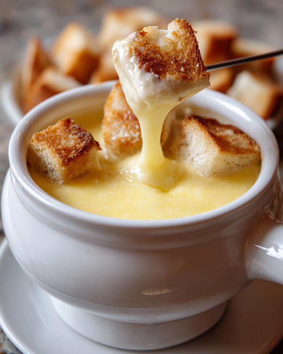 A piece of toasted bread is dipped into a white bowl of smooth, yellow cheese fondue, showing a long, gooey cheese pull.