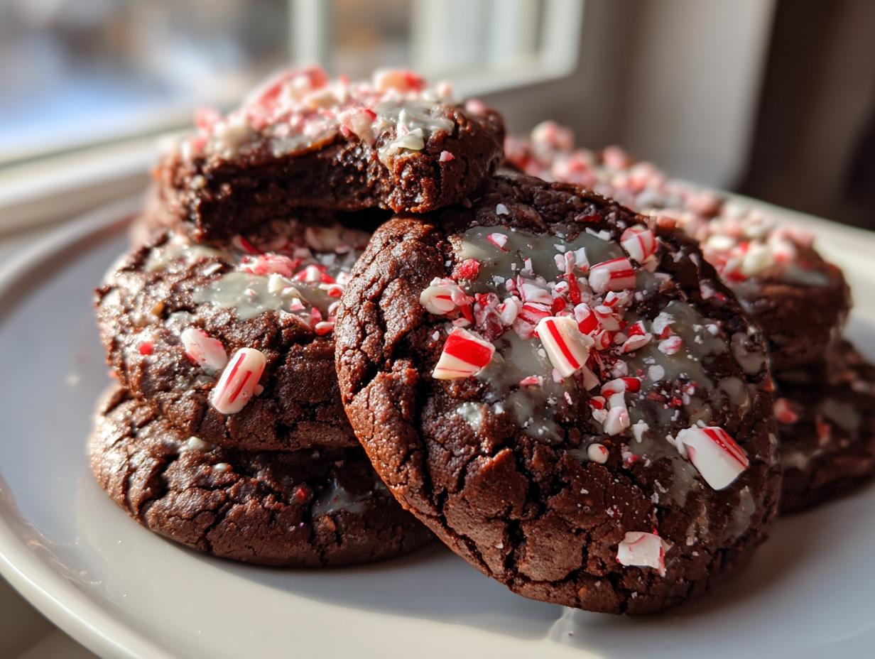 A stack of rich, dark double chocolate peppermint cookies topped with white glaze and crushed candy canes.