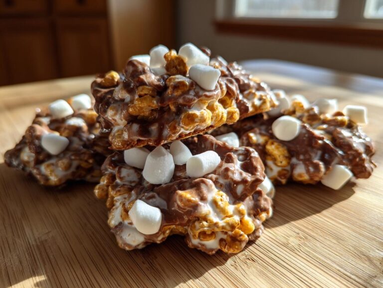 A stack of rich, chocolate-coated avalanche cookies topped with mini marshmallows on a wooden board.