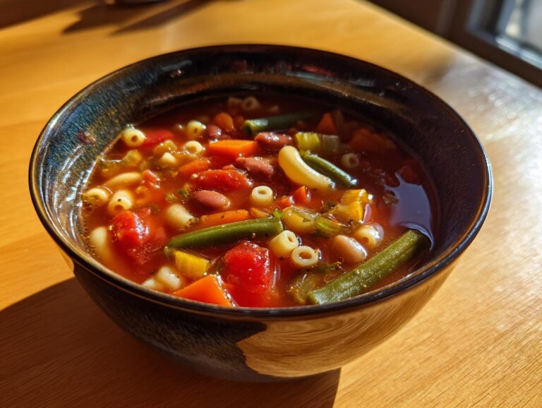 A close-up of a steaming bowl of vibrant minestrone soup filled with vegetables, beans, and small pasta.