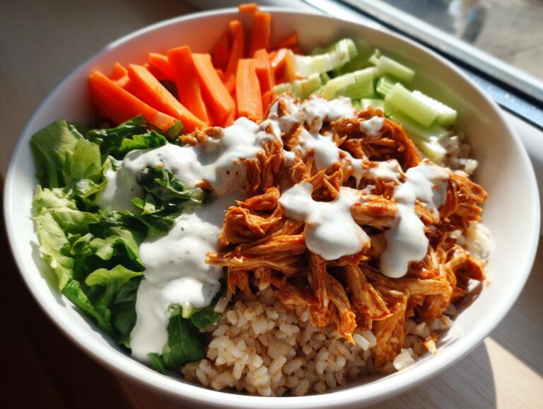 Close-up of a vibrant buffalo chicken bowl featuring shredded buffalo chicken, brown rice, lettuce, carrots, celery, and ranch dressing.
