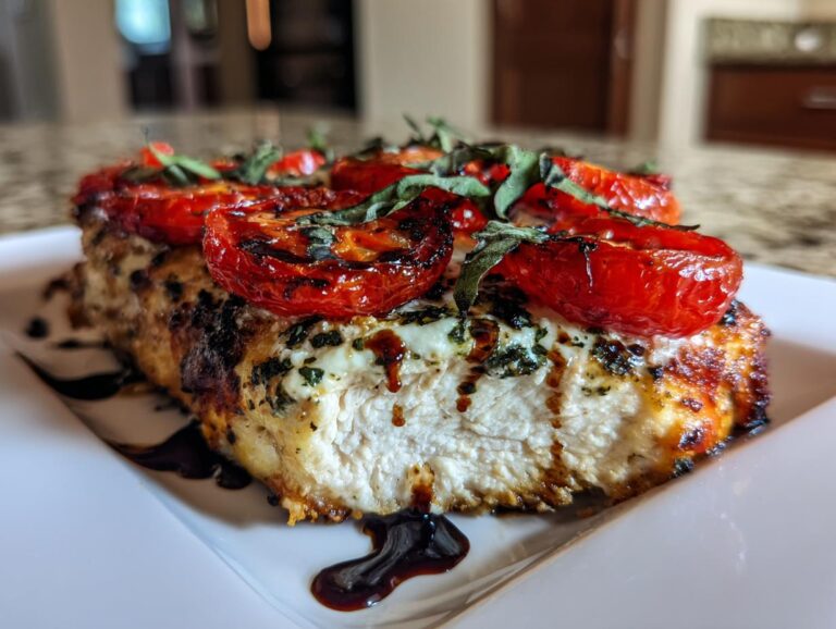 A cross-section of juicy caprese chicken topped with roasted cherry tomatoes, melted mozzarella, and balsamic glaze.