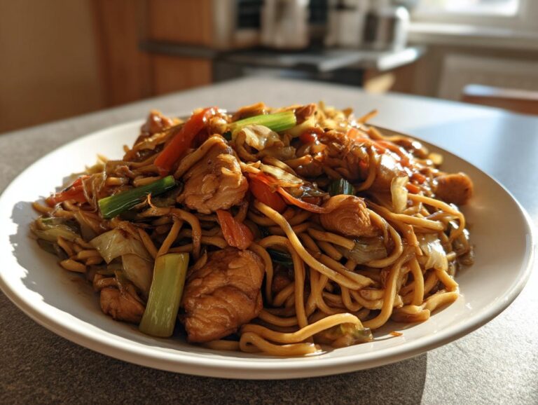 Close-up of a serving of homemade chicken chow mein recipe, featuring noodles, chicken pieces, and stir-fried vegetables.