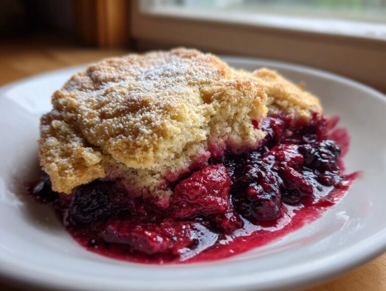A close-up of a warm serving of mixed berry cobbler, featuring a golden biscuit topping and bubbling, juicy berries.