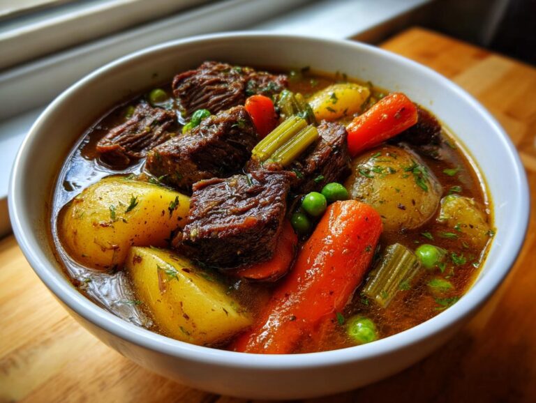Close-up of a rich, dark broth vegetable beef soup featuring tender beef chunks, large potatoes, carrots, and peas.