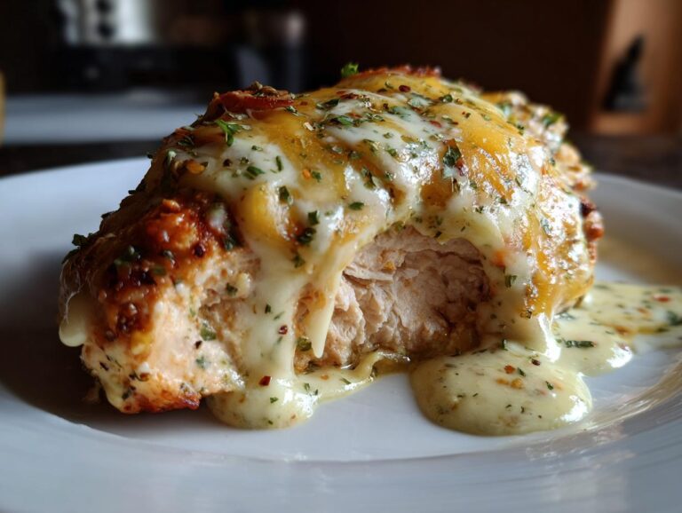 Close-up of a juicy fiesta lime chicken breast topped with melted cheese and herbs.