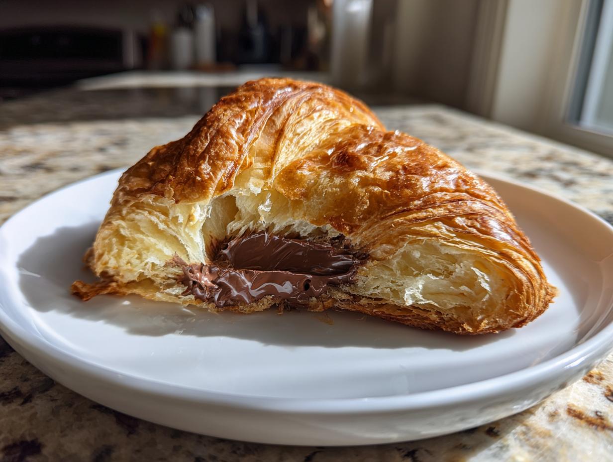 Close-up of a flaky, golden brown chocolate croissant cut open to show the melted chocolate filling inside.