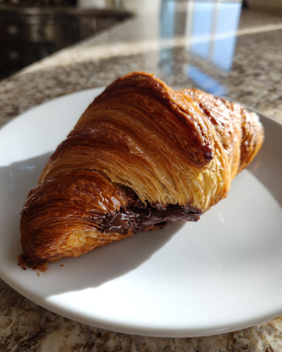 A golden brown, flaky chocolate croissant resting on a white plate, showing melted chocolate oozing out.