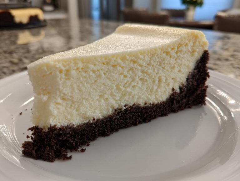 A perfect slice of cheesecake recipe showing a thick, creamy white filling over a dark chocolate crust, served on a white plate.