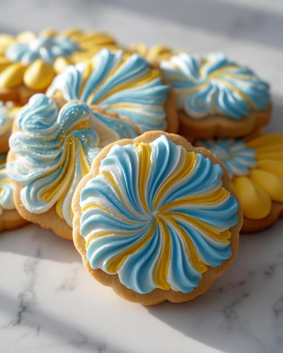 Close-up of flower-shaped sugar cookies topped with vibrant blue, yellow, and white piped cookie icing.