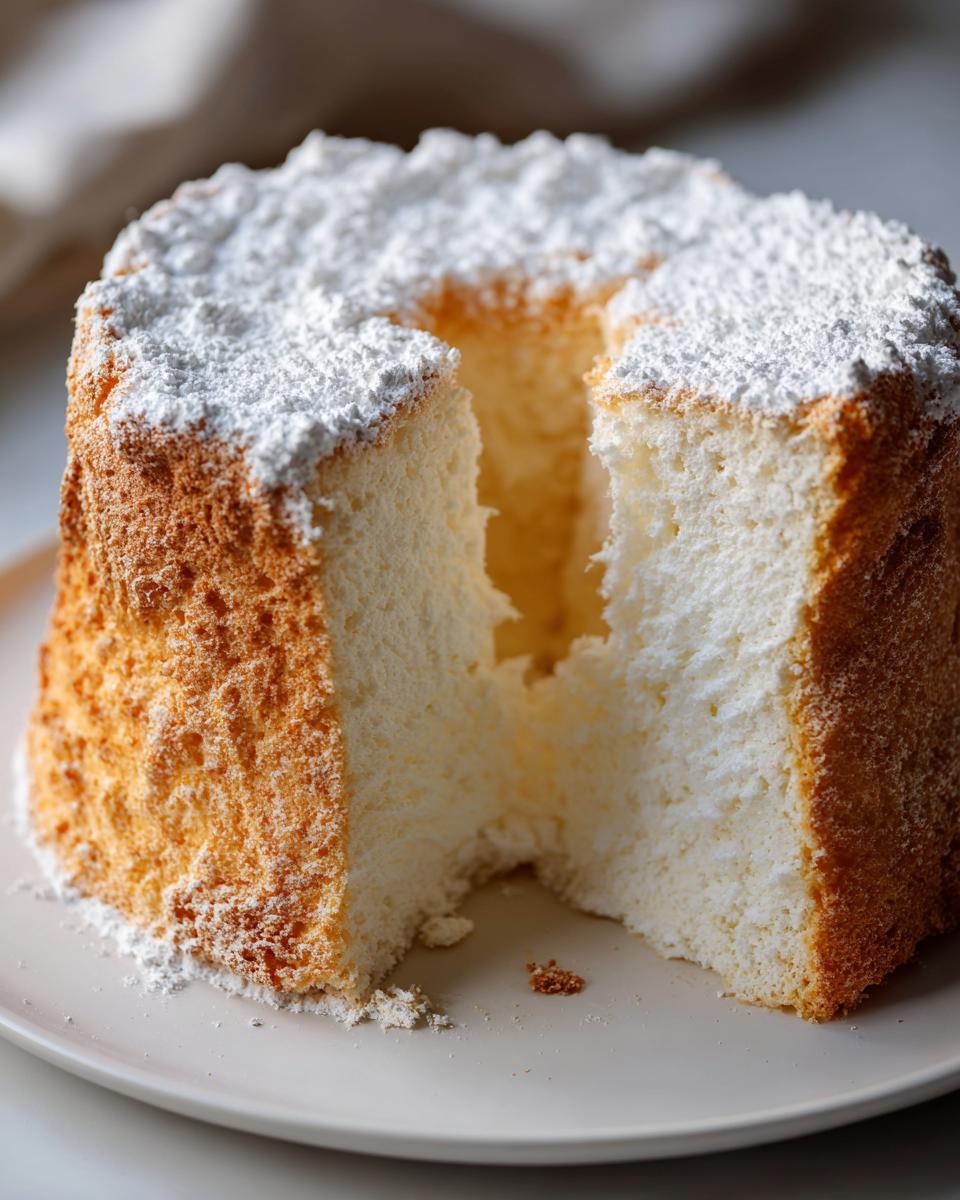 A slice removed from a perfectly airy angel food cake dusted generously with powdered sugar.