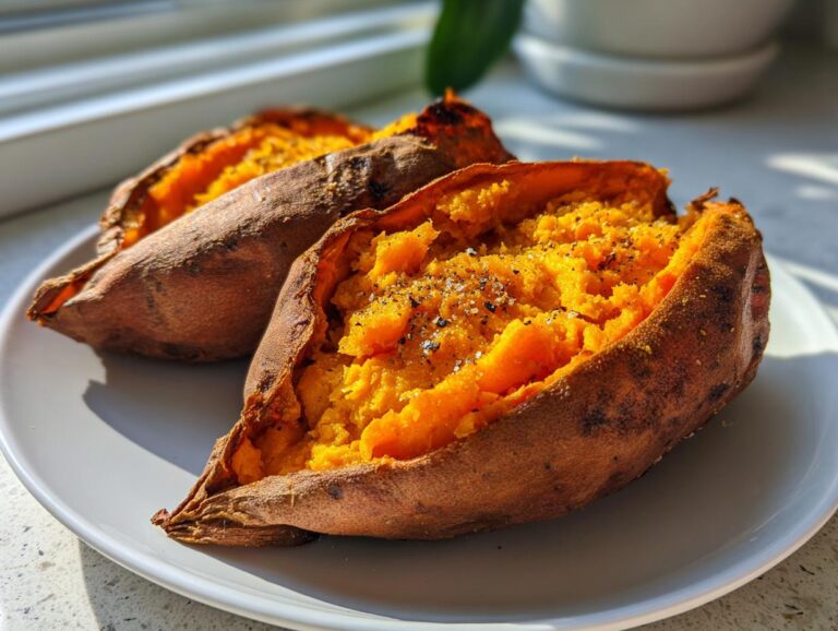 Two fluffy baked sweet potato halves, seasoned with salt and pepper, served on a white plate.
