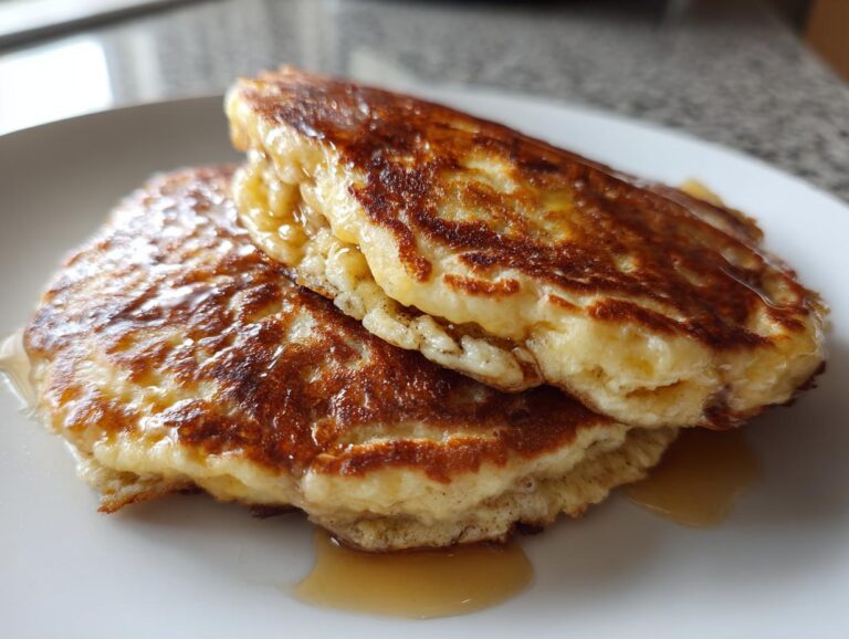 Close-up of two fluffy banana pancakes stacked and drizzled generously with golden syrup.