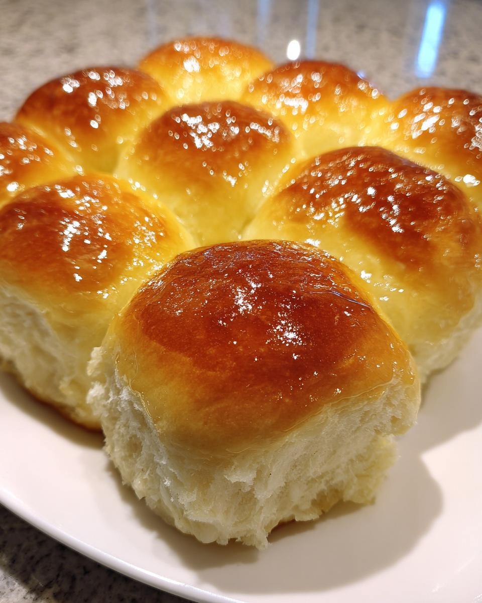Close-up of freshly baked, fluffy dinner rolls with a shiny, buttery glaze on a white plate.