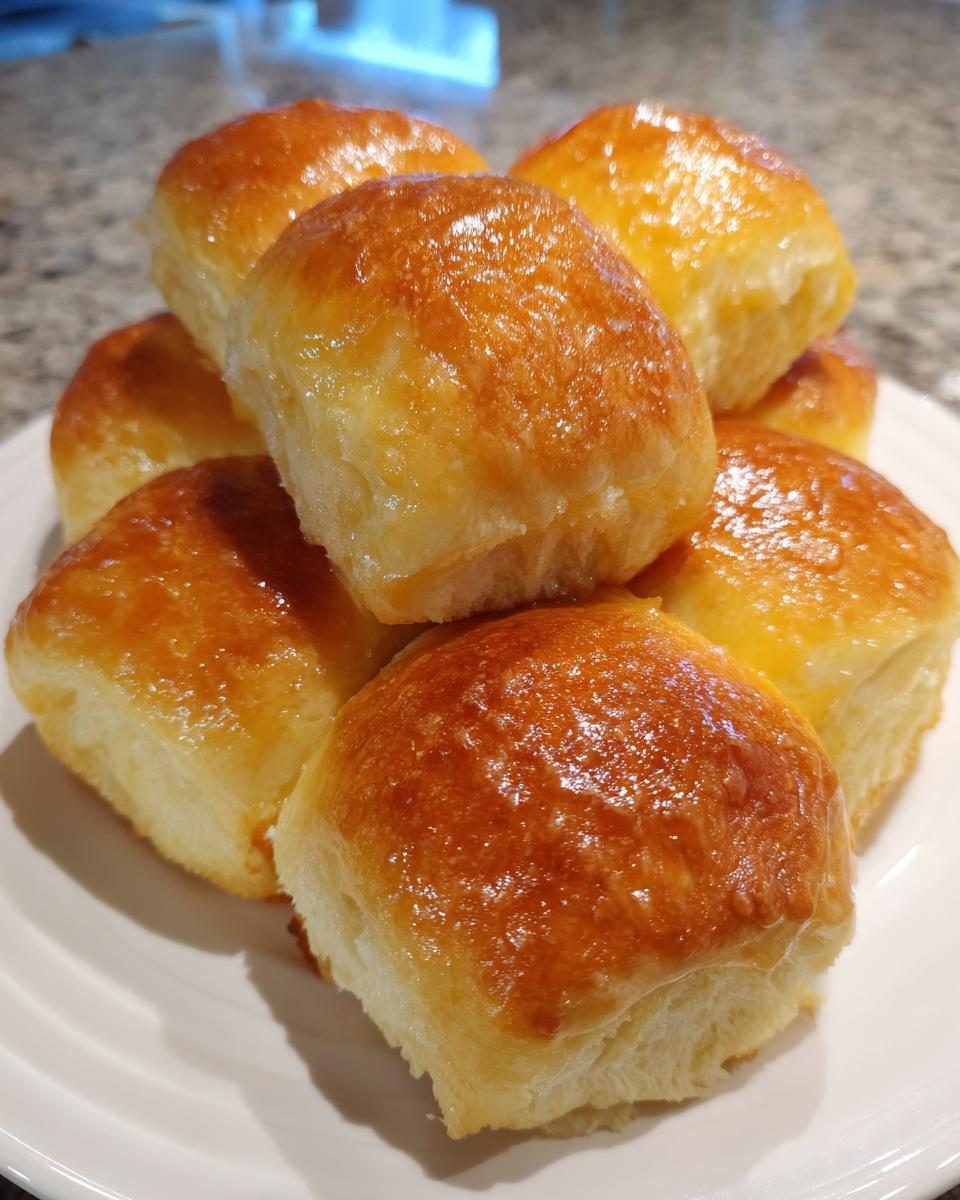 A stack of fluffy, golden brown, and glossy dinner rolls glistening with butter on a white plate.