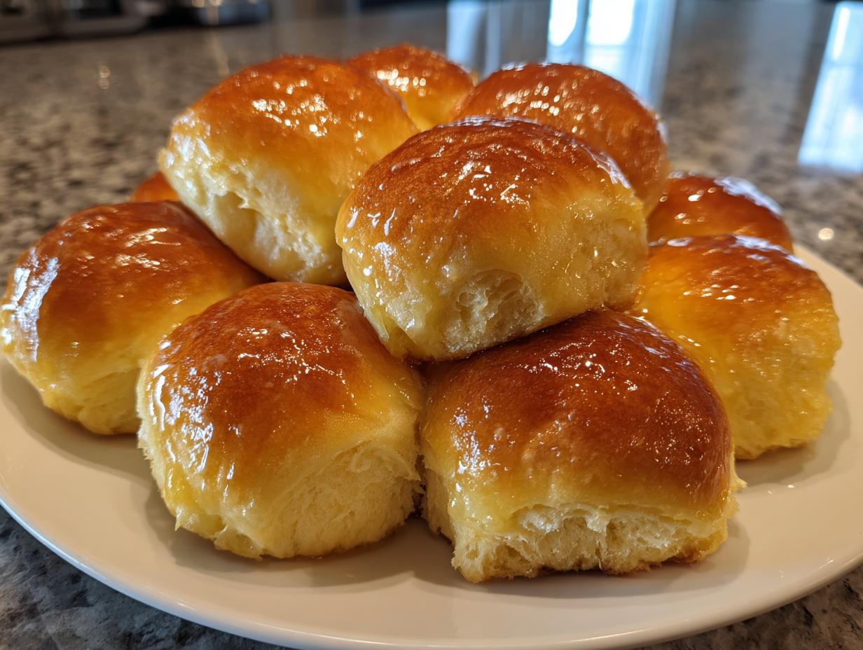 A stack of golden brown, glossy dinner rolls brushed with butter on a white plate.