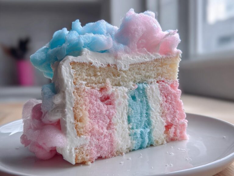 A slice of fluffy cotton candy cake showing pink, blue, and white layers, topped with pink and blue cotton candy.