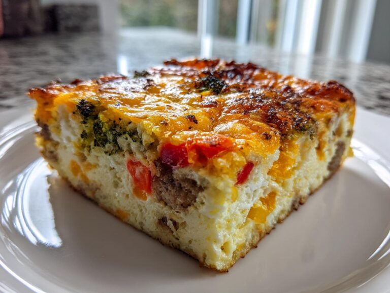 A close-up of a fluffy square slice of egg bake, showing sausage, broccoli, peppers, and melted cheese topping.