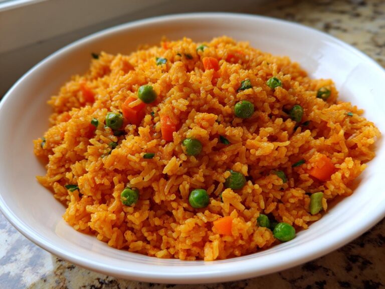 Close-up of a white bowl filled with vibrant orange Mexican rice mixed with green peas and diced carrots.