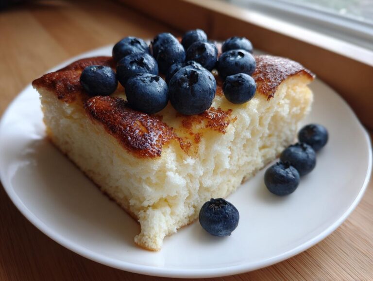 A thick, fluffy slice of sheet pan pancakes topped generously with fresh blueberries on a white plate.