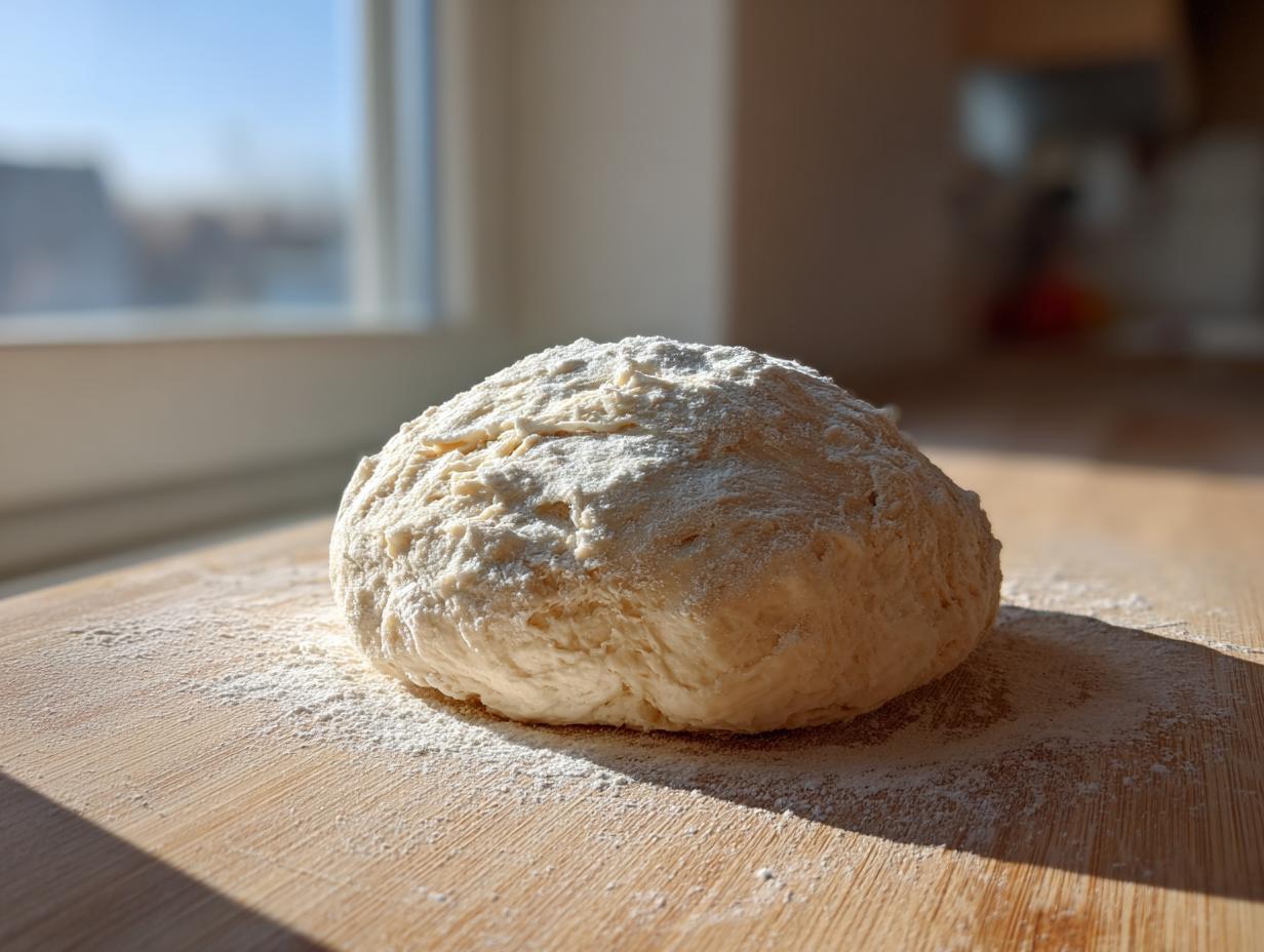 A round ball of light, fluffy pizza dough dusted with flour sitting on a wooden cutting board.