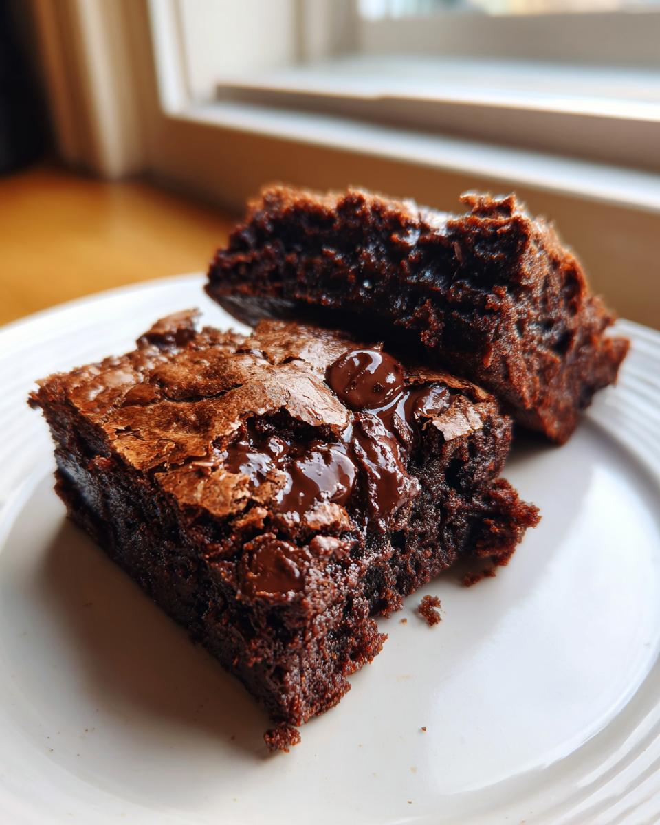 Two fudgy date brownies with a cracked top and melted chocolate chips served on a white plate.