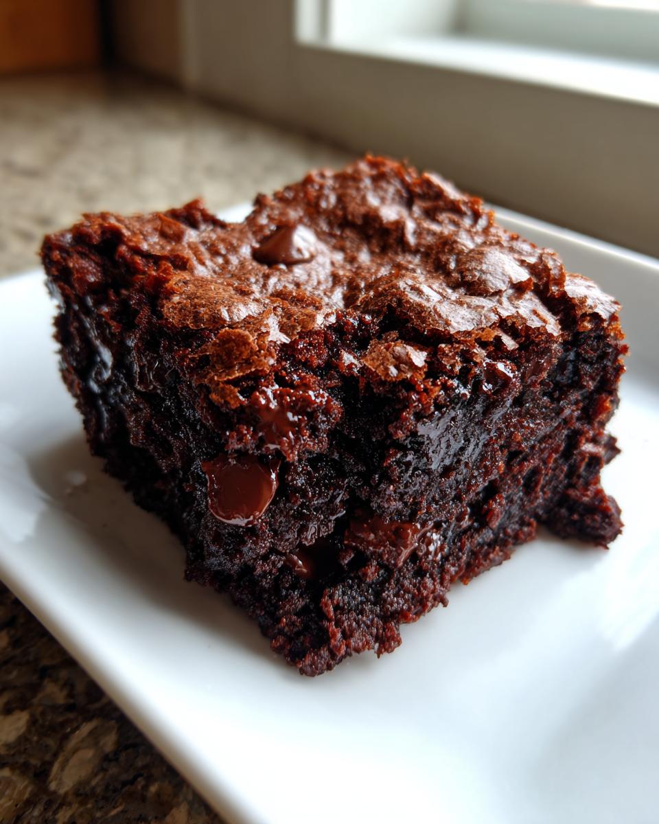 Close-up of a fudgy, dark chocolate date brownies slice with visible melted chocolate chips on a white plate.