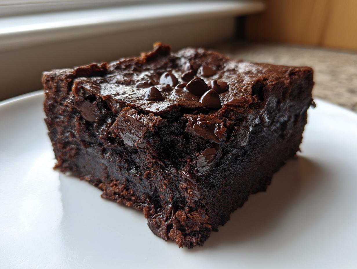 Close-up of a rich, fudgy square of date brownies topped with melted chocolate chips on a white plate.