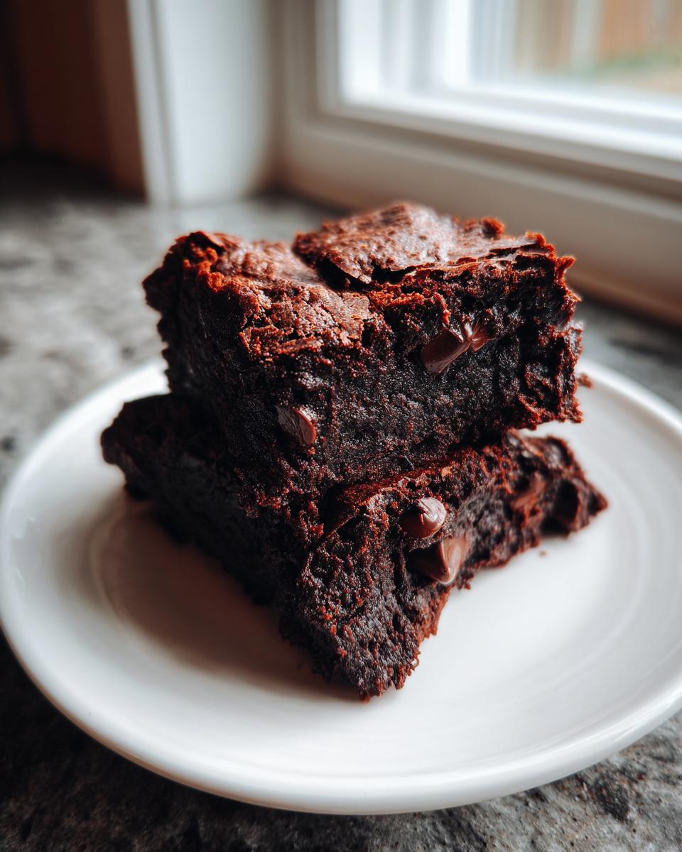 Two stacked, fudgy date brownies with visible chocolate chips served on a white plate near a window.
