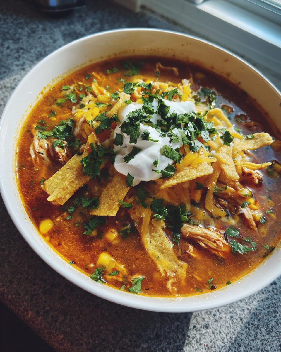Close-up of a hearty bowl of chicken tortilla soup topped with sour cream, cheese, cilantro, and tortilla strips.