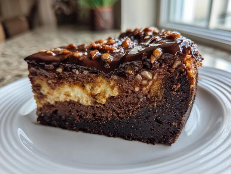 A close-up slice of German chocolate cheesecake showing layers of brownie, cheesecake, and pecan topping.