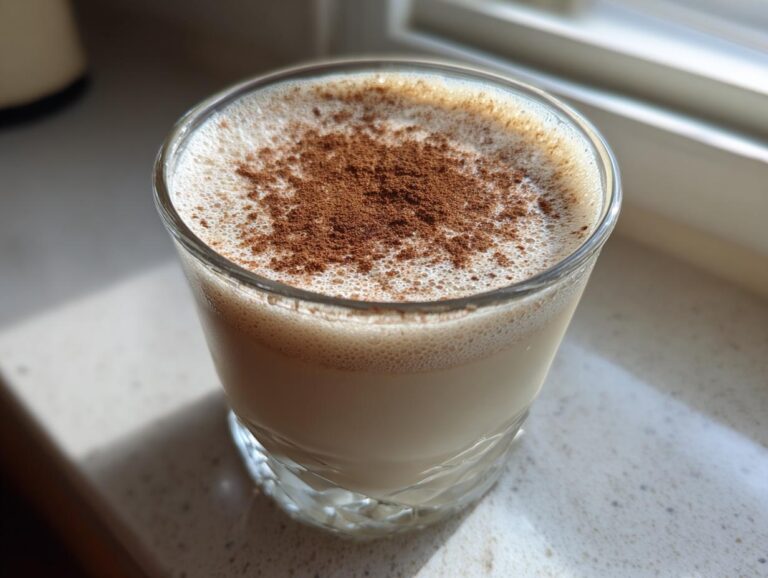 Close-up of a glass of creamy, frothy coquito topped with a dusting of ground cinnamon.