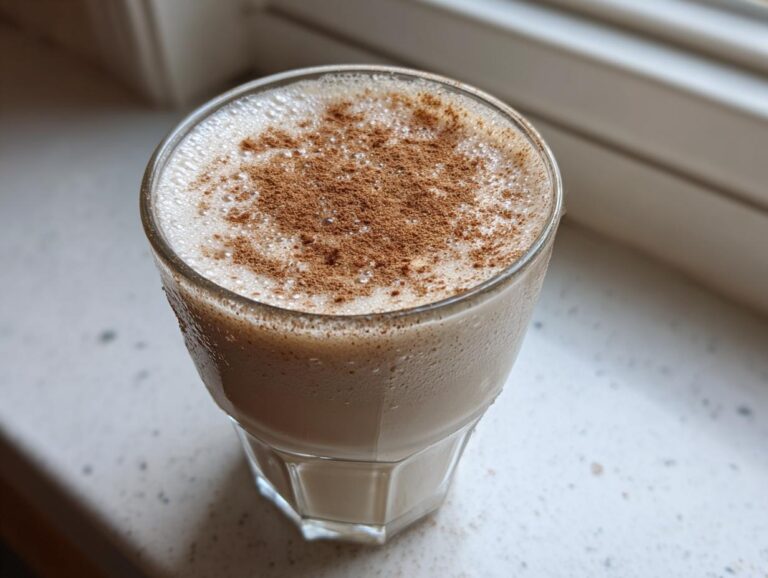 A close-up of a chilled glass filled with creamy coquito recipe topped generously with ground cinnamon.