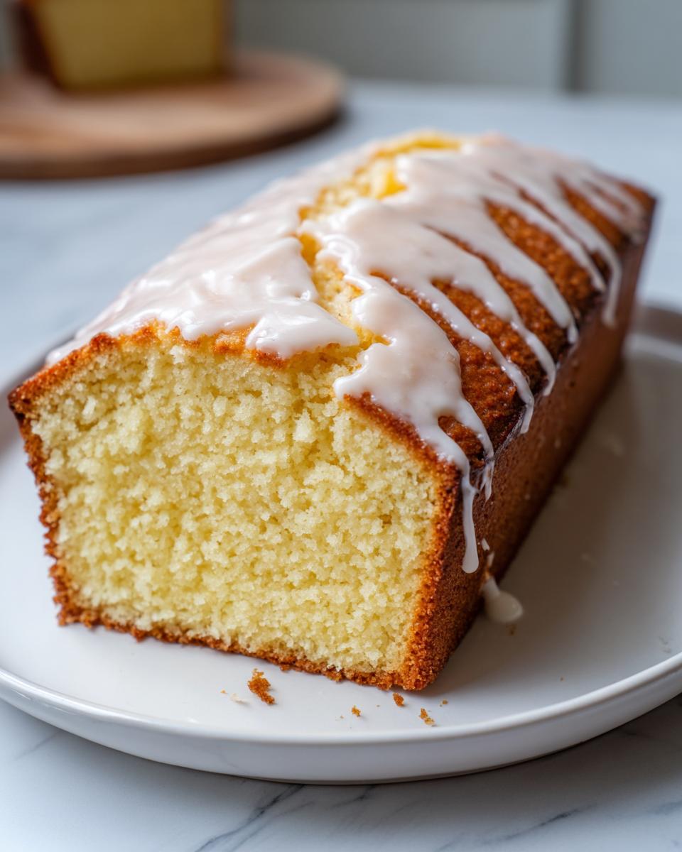 A freshly baked cream cheese pound cake loaf drizzled with white glaze, sitting on a white plate.