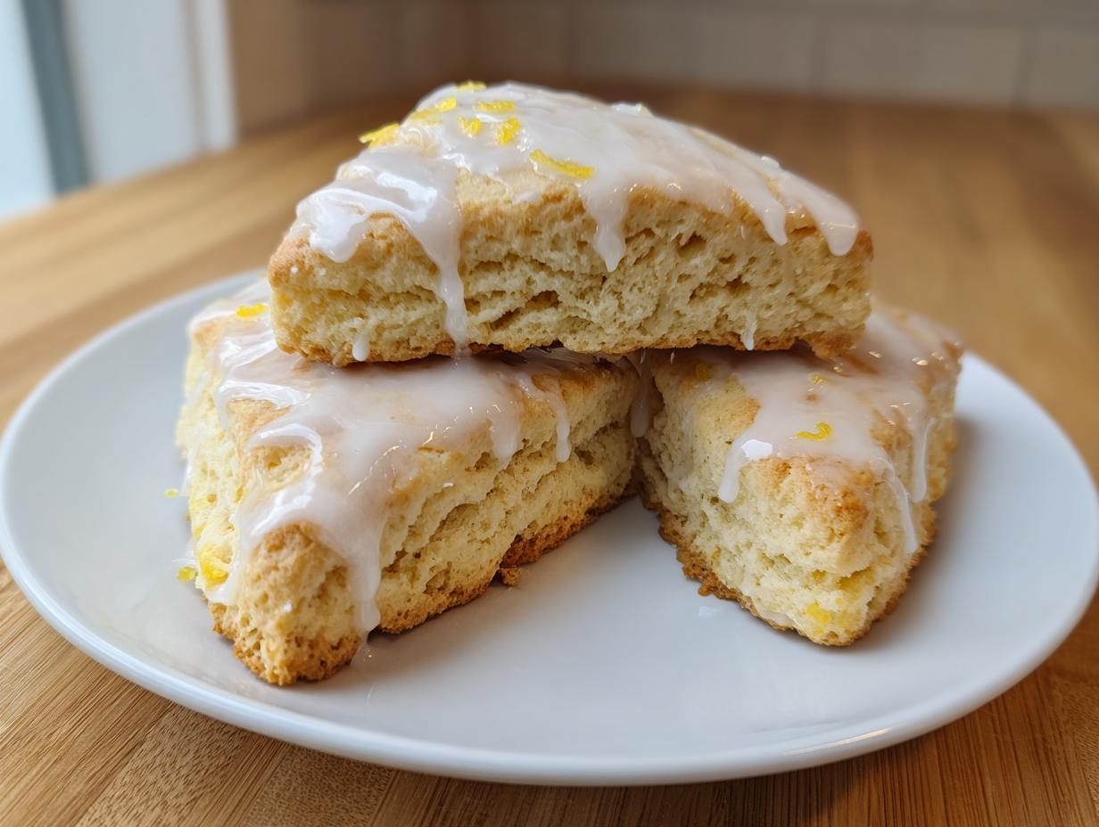 Three triangular lemon scones stacked on a white plate, generously drizzled with white lemon glaze and sprinkled with zest.