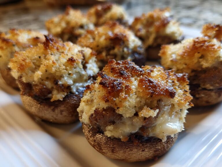 Close-up of several baked stuffed mushrooms recipe appetizers with a golden, crispy topping.
